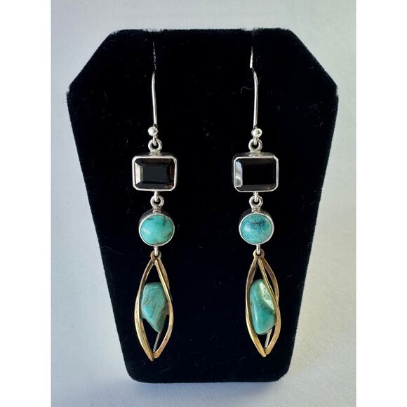 Natural Turquoise Smokey Quartz Dangle Earrings Sterling Silver Brass Cage - Picture 5 of 9